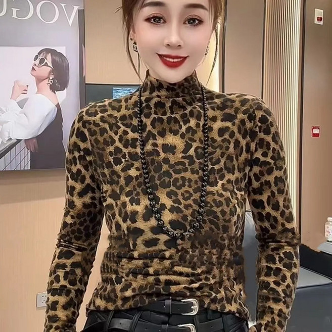 페이준 여성 가을 겨울 긴팔 호피 티셔츠 슬림핏 반폴라 티셔츠 LN393