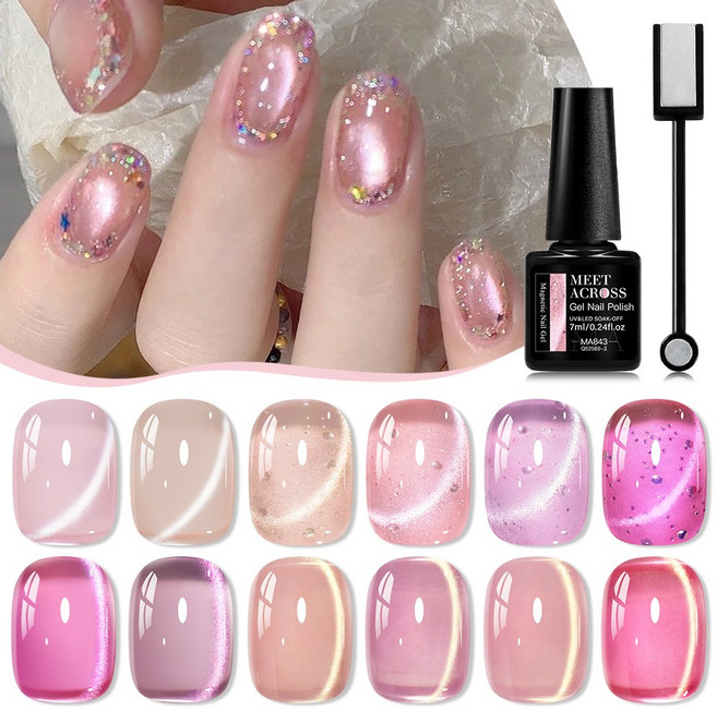 핑크 컬렉션 고양이 테마 자석 젤 네일 폴리쉬 세트 (자석 포함) 네일 장식을 위한 글리터 젤 UV/LED 네일 아트 용품 DIY 매니큐어 디자인, 핑크 캣아이, 12개, 7ml