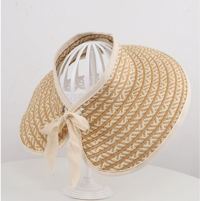 여름 휴대용 썬캡 리본 와이드챙 자외선차단 여성 밀짚모자