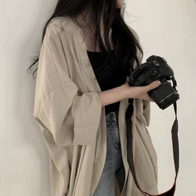 여성 린넨 로브 0베 베 블랙 가디건 여름 XL 롱