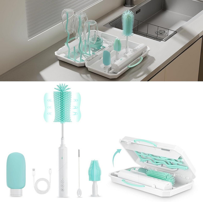 嚴選電動奶瓶刷洗杯子杯刷長柄刷硅膠旋轉奶嘴刷摺疊刷清洗神器, 淺綠色收納盒套裝:1個, 1個