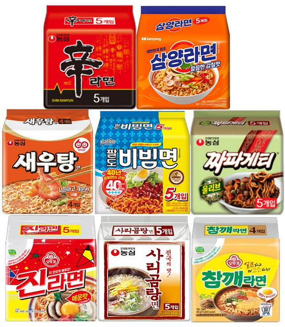 농심 오뚜기 삼양 팔도 봉지라면 멀티팩 8종세트 (신라면 삼양라면 팔도비빔면 짜파게티 진라면매운맛 사리곰탕 참깨라면)