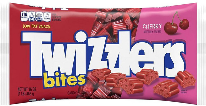 Twizzlers TWIZZLERS Bites Licorice Candy Cherry 트위즐러 바이트 체리맛 감초 캔디 츄잉 젤리 저지방 스낵 한입 간식 발렌타인 데이 선물 군것질 453g 6팩, 6개