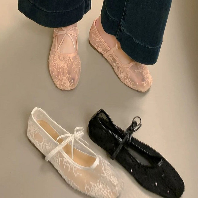 ROYALBELLE 여성 레이스 메쉬 플랫 슈즈 리본 포인트 데일리 단화 F01030509