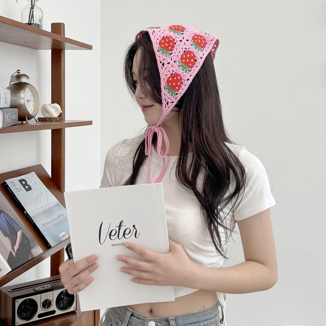 캡조아 핸드메이드 후르츠 삼각 두건 손뜨개 그물 니트 반다나 여름 헤어밴드