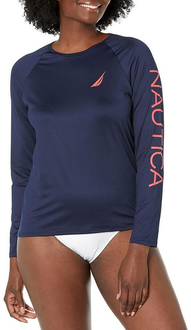 Nautica 여성용 긴소매 래쉬가드 - 빠른 건조 UPF 보호 수영 셔츠 수영장 해변 하이킹 요가 배구 심해 S 172899, Deep Sea