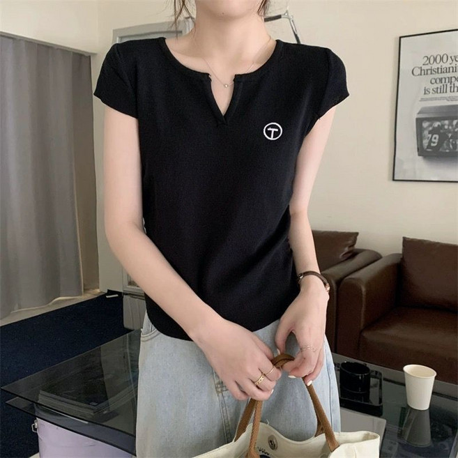 條紋短袖T恤 夏季新款顯瘦針織衫 純欲設計感小衆褶皺收腰V領上衣