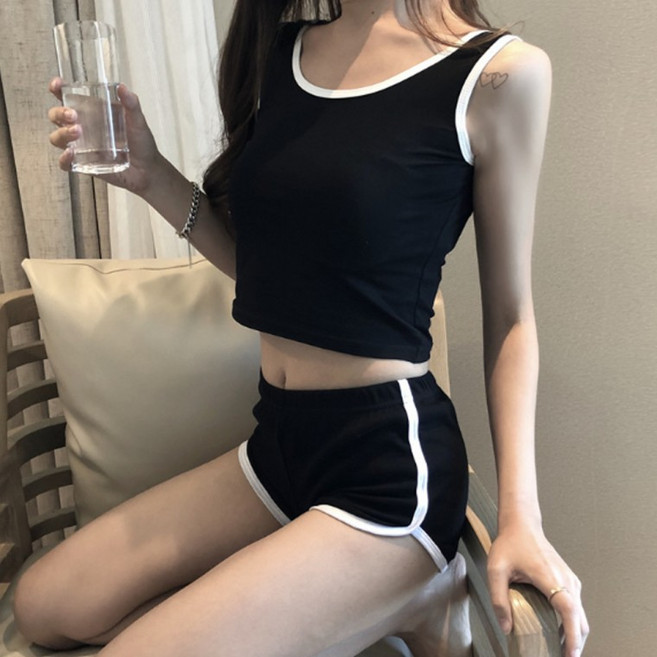 여성 상하의 세트 트레이닝복 배색 크롭나시 핫팬츠 세트복 운동복 조깅복 댄스복 연습복 슬림핏 섹시룩