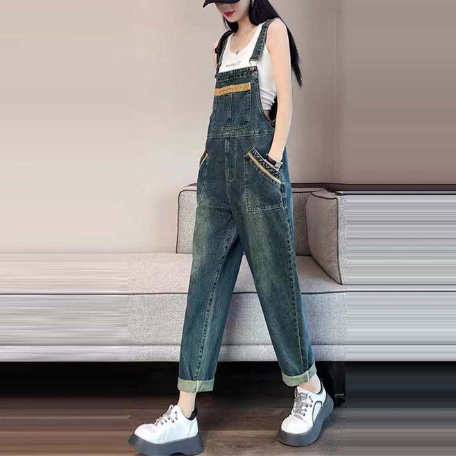 TKX 여성 캐주얼 데님 멜빵 바지 스트레이트핏 와이드 포켓 루즈핏 멀티 포켓 롤업 바지 데일리 심플 스타일