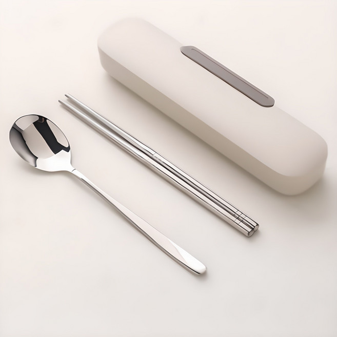 휴고잉 휴대용 무소음 스텐 수저세트, 화이트, 숟가락 + 젓가락 + 케이스, 1개