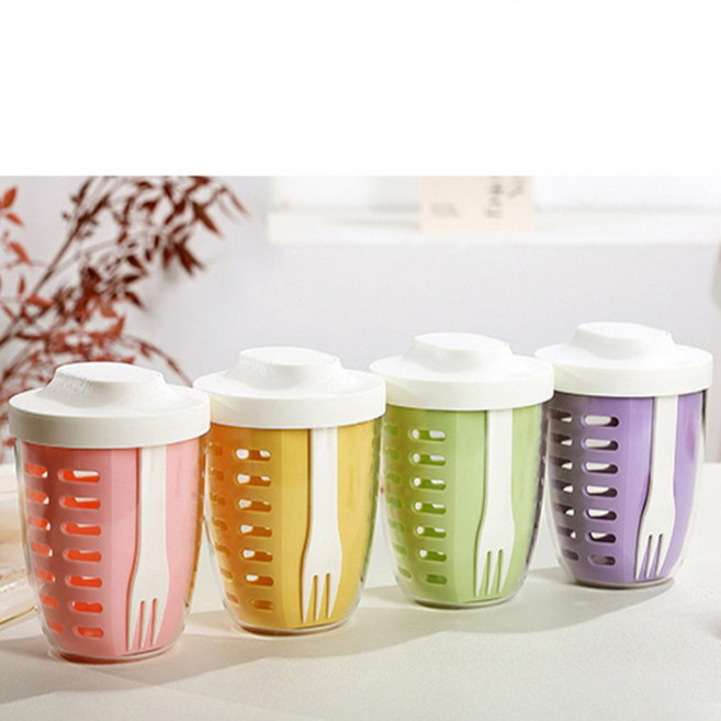 하루 한끼 휴대용 과일컵 포크 세트 후르츠팟 푸르트팟 샐러드 과일 도시락통 과일통, 그린, 1개