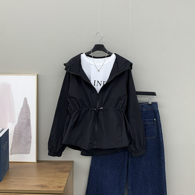 행복여 프린 후드 허리 스트링 하프 기장 바람막이 집업