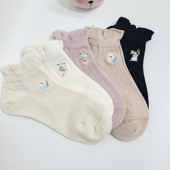 여자 인견혼방 여름양말 발편한 프릴 자수 발목양말 토끼꽃디자인 5컬러 프리사이즈