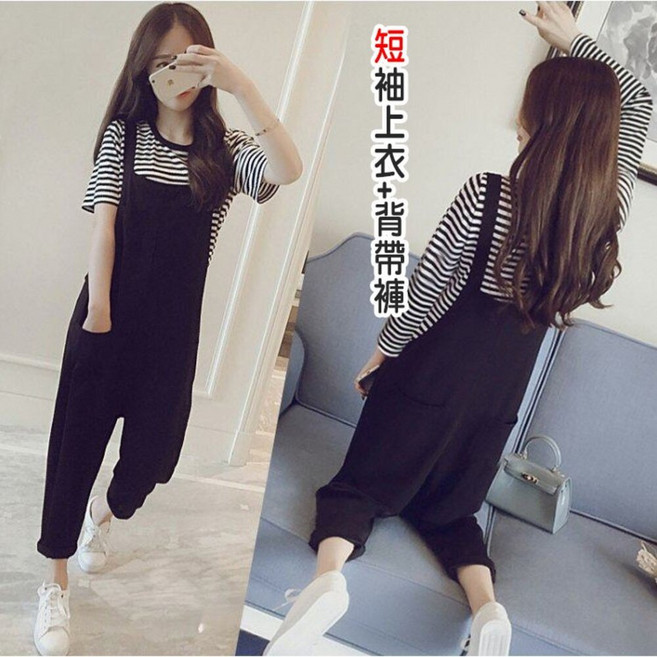 春夏韓系九分哈倫吊帶褲套裝 女 背帶褲 條紋短T 兩件式 b0074