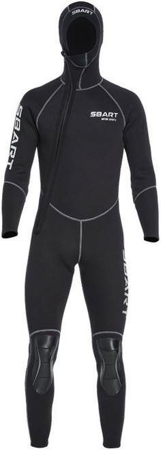 남녀공용 7mm 네오프렌 스쿠버 다이빙슈트 앞면 지퍼 스킨스쿠버용 프리다이빙후드 포함 방풍 기능 낚시 해루질 잠수복, 1560 블랙 후드 7MM 내부 플러시 없음