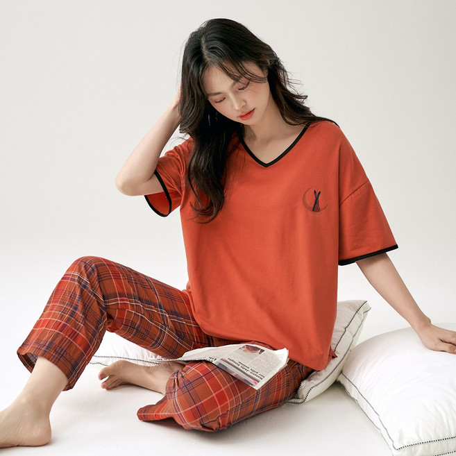 여성 캐주얼 베이직 봄여름 우븐 실내복 반팔 탑 체크 롱 바지 파자마 세트 2 피스