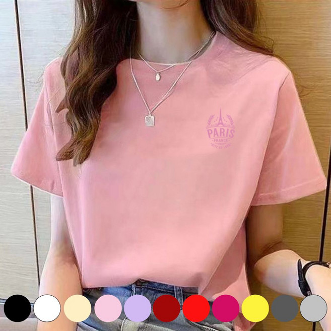 그리내 여성 라운드넥 여름 프린팅 반팔티 커플티 이너 홈웨어 레터링 면 티셔츠