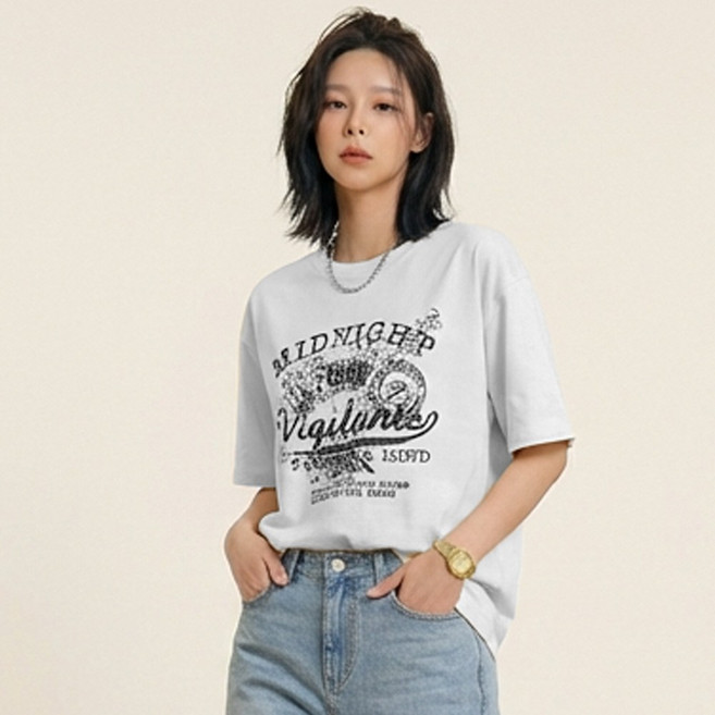 오브나인 루즈핏 빈티지 레터링 프린트 순면 반팔 티셔츠 (3color)+델로나