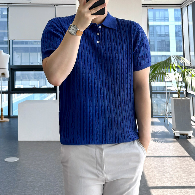 룩플레인 면 백프로 워셔블 케이블 여름 반팔 니트 카라 티셔츠 7color