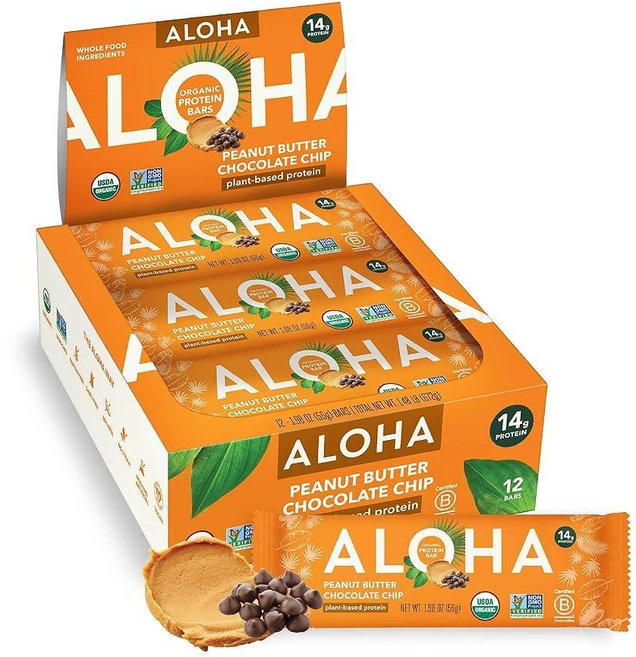 ALOHA 유기농 식물 기반 단백질 바 땅콩 버터 초콜릿 칩 12개 56.1 g(1.98 온스) 바 비건 저설탕 글루텐 프리 팔레오 저탄수화물 GMO 프리 스, Peanut Butter Chocolate Chip, 1개, 56.13g - 쿠팡