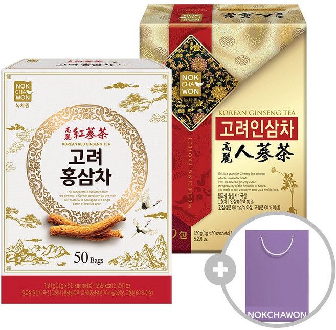 [녹차원] 고려인삼차 50포+고려홍삼차 50포 (+쇼핑백증정) 어르신선물, 150g, 단품
