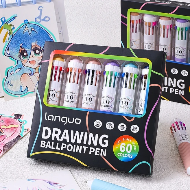 6개 세트 60색 볼펜 다기능 10색 일체형 프레스 스타일 컬러풀 핸드 어카운트, 6pcs Set