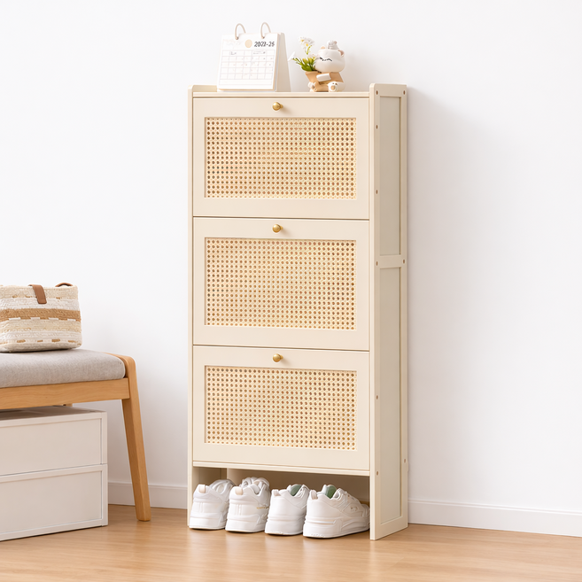 파파스 슬림 신발장 좁은 현관 수납장, 3단, 아이보리