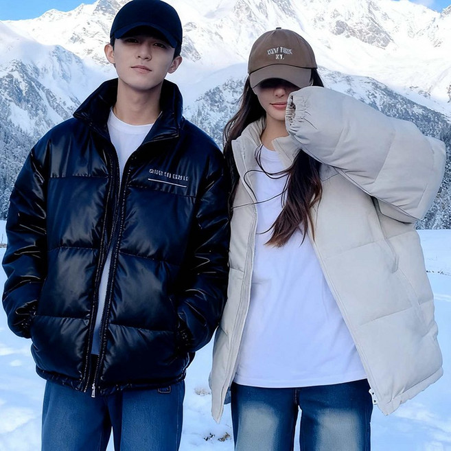 BIKASU 남녀공용 겨울 숏패딩 빅사이즈 패션 커플 패딩 점퍼 가죽 방수 바람막이