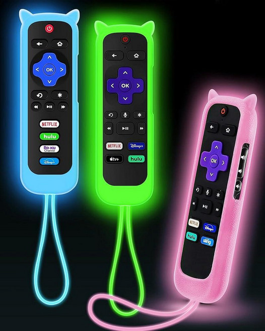고양이 귀 디자인의 Roku 로쿠 리모컨용 커버 3개 Hisense TCL TV와 호환되는 실리콘 스킨 케이스 스팀 스틱 익스프레스 범용 교체 컨트롤러. 야광 다크 그린 블루, 글로우 그린&글로우 블루&글로우 핑크
