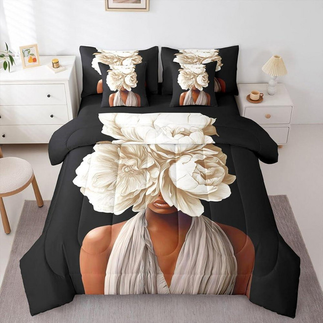 Erosebridal Black Girls Bed in A Bag Queen Comforter Set 7 Piece Vintage Floral Bedding Sets for K
