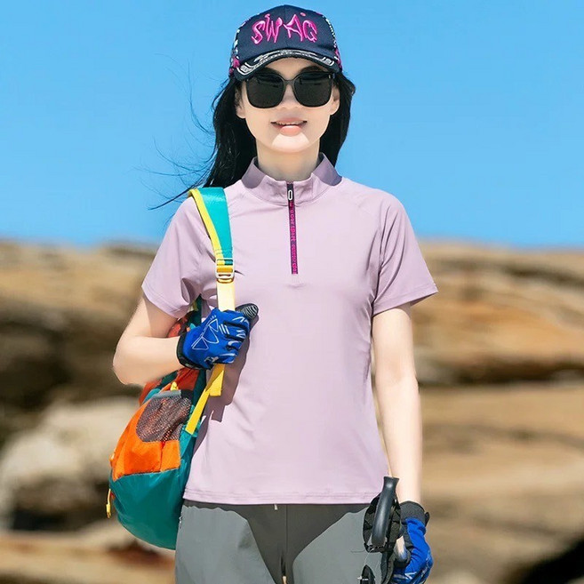 AIBUZHE 女款 立領短袖排汗衫 透氣速乾衣 運動休閒T恤