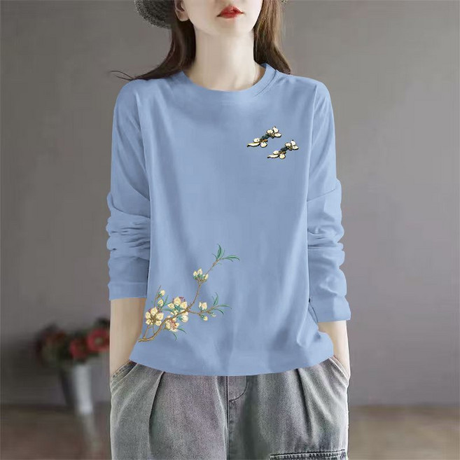 Neirny 중년여성 라운드넥 긴팔 티셔츠 봄가을 순면 간절기 스판 기질 데일리 루즈핏 심플 엄마룩 아우터 상의