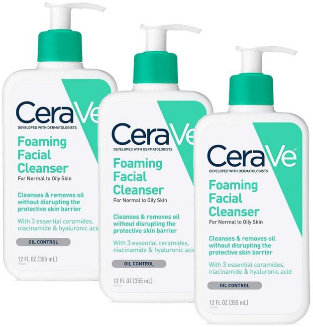 세라비 포밍 페이셜 클렌저 노멀 투 오일리 스킨 CeraVe Foaming Face Wash Face Cleanser, 3개, 355ml
