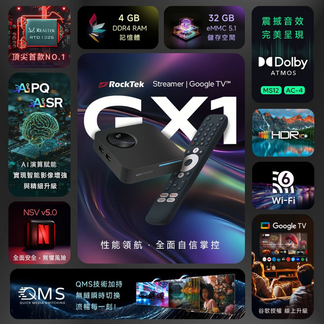 Rocktek 雷爵 Google TV 4K智慧電視盒, 1個, GX1 保固12個月