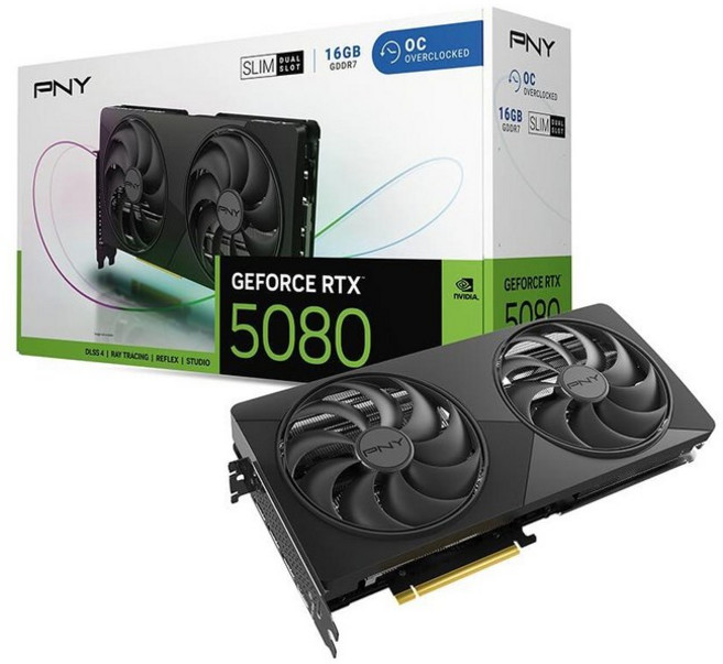 PNY NVIDIA GeForce RTX™ 5080 슬림 듀얼 팬 듀얼 슬롯 OC 그래픽 카드 (16GB GDDR7 SFF-Ready 256비트 부스트 속도: 2730, 2-Slot Dual Fan OC