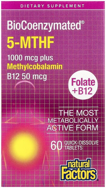 내추럴 팩터스 Natural Factors BioCoenzymated® 엽산 + B12 빠른 용해 정제 60정121844원산지:기타, 1개 - 쿠팡