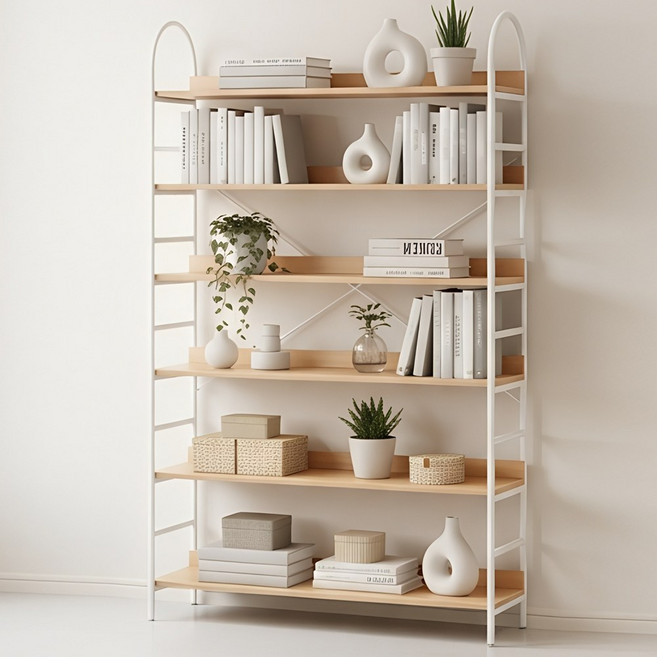 소프트엣지 조립식 거실 철제 책장선반, 6단, 우드 화이트