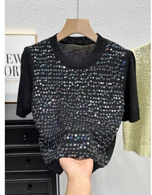 유니픽여성 여름 스팽글 반팔 티셔츠 패션 라운드넥 탑cjg