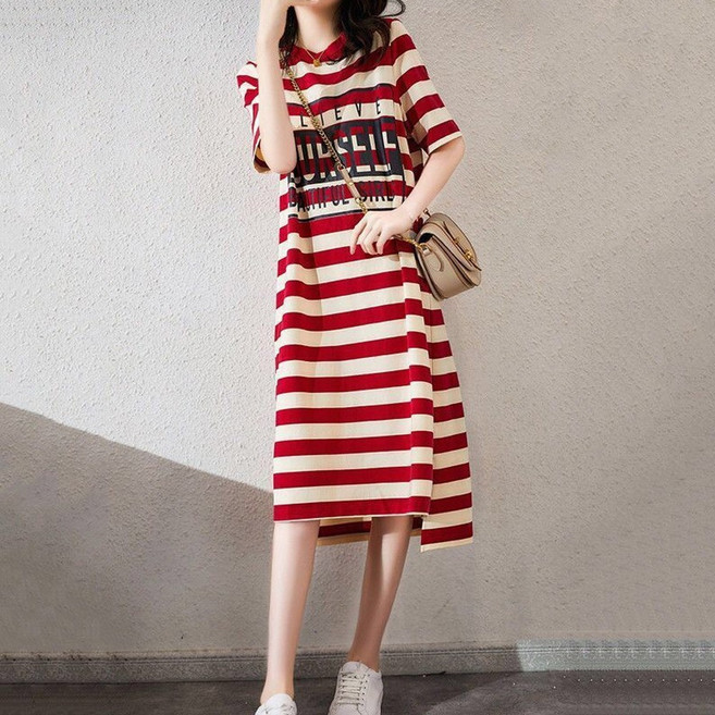 에리페 여성용 편안한 스트라이프 롱 반팔 원피스