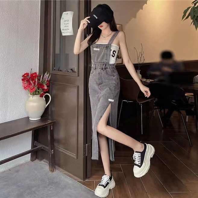 牛仔背帶連衣裙 側開叉中長款吊帶裙, 黑灰色8850