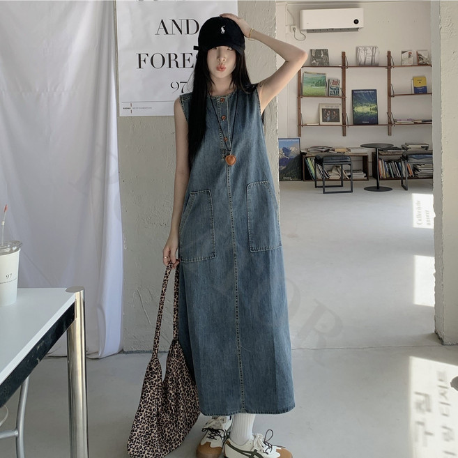 POMTOR 여성 루즈핏 캐주얼 민소매 데님 원피스