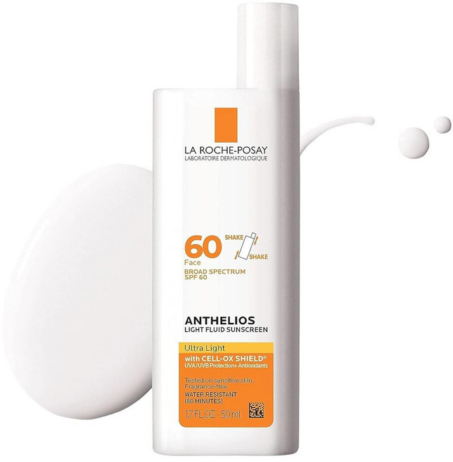 라 로슈-포세이 앙텔리오스 라이트 플루이드 페이셜 자외선 차단제 SPF 60 얼굴용 경량 차단제 유동성 텍스처 넓은 스펙트럼 항산화제 오일 프리 및 옥시벤존 프리 여행용, 1개