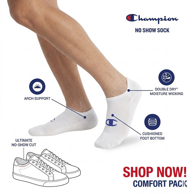 챔피온 양말 남성용 로우컷삭스 6족세트 화이트 CH2238 250~300mm