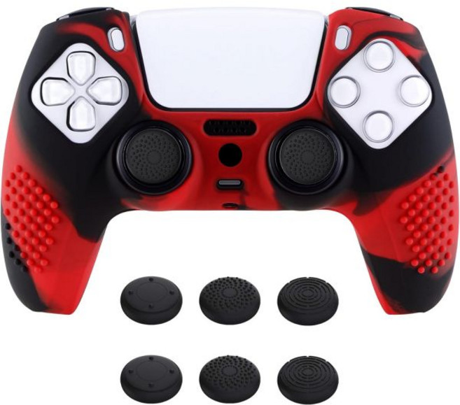 eXtremeRate PlayVital Mauve Purple 3D 스터드 에디션 미끄럼 방지 실리콘 커버 스킨PS5 컨트롤러용 6개의 흰색 엄지 그립 캡이 포함된 PS5 무, Red & Black
