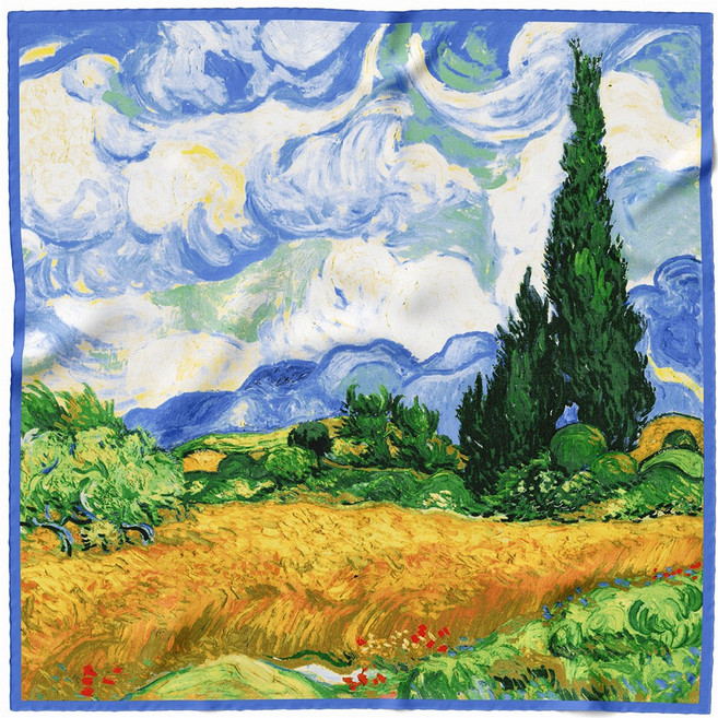 90*90춘추 반 고흐 유화 스카프 여 작은 사각 스카프 프렌치 빈티지 가방 스카프 스카프 목도리 숄