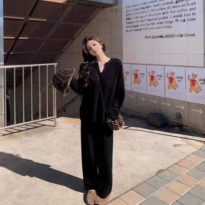 DANGZ 여성용 루즈핏 V카라 니트 세트 캐주얼 스웨터 + 와이드 팬츠 투피스 A16