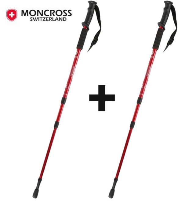 [1+1] 몽크로스 두랄루민 등산스틱 트레킹폴 경량 3단조절 남녀공용 EVA손잡이, 1개, 레드+레드
