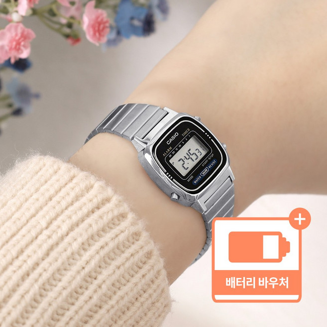 카시오 심플 생활방수 스퀘어 학생 정장 디지털 여성 메탈 손목시계 + 배터리 바우처