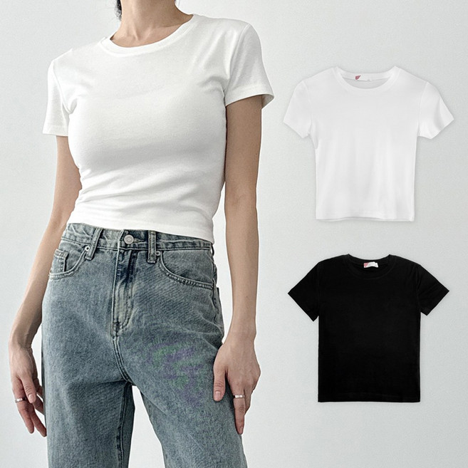 어반플리커 여성용 데일리 라운드넥 크롭 반팔 티셔츠 2P