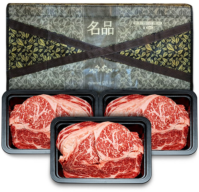 투쁠 한우 등심 3구 총 600g 선물가방포함 1++등급 꽃등심 마블링 육즙가득 소고기 스테이크 200g x 3팩, (한우 1++ 등심)600g, 1개